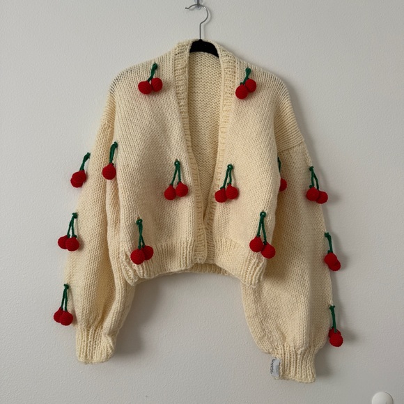 society mano Sweaters - Society Mano Cream Cherry Applique Chunky Knit Cardigan